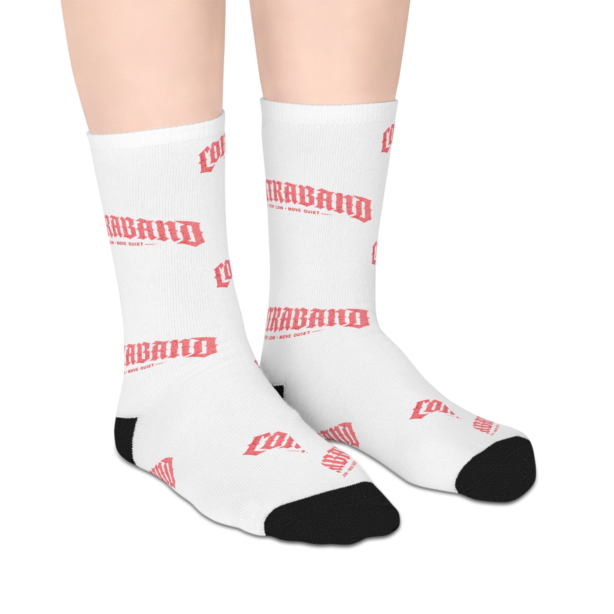 Mid-Length Socks — White Socks with Repeating 'COMFY' Pink Text Pattern