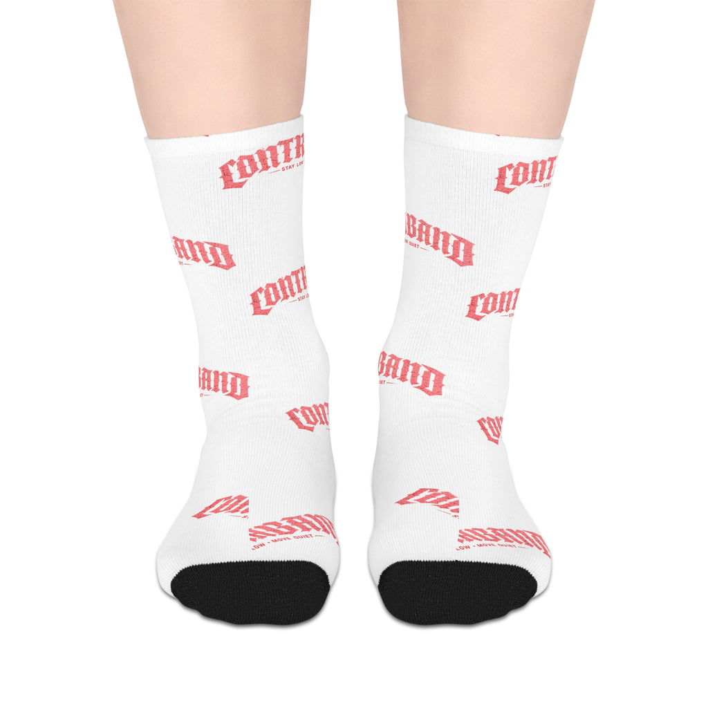 Mid-Length Socks — White Socks with Repeating 'COMFY' Pink Text Pattern