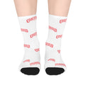 Mid-Length Socks — White Socks with Repeating 'COMFY' Pink Text Pattern