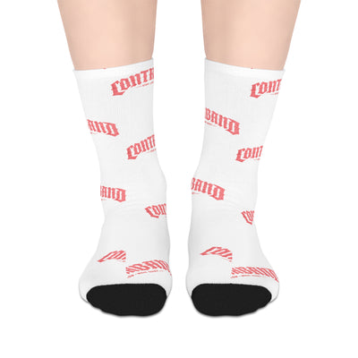 Mid-Length Socks — White Socks with Repeating 'COMFY' Pink Text Pattern