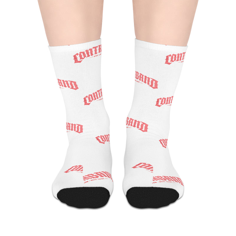 Mid-Length Socks — White Socks with Repeating 'COMFY' Pink Text Pattern