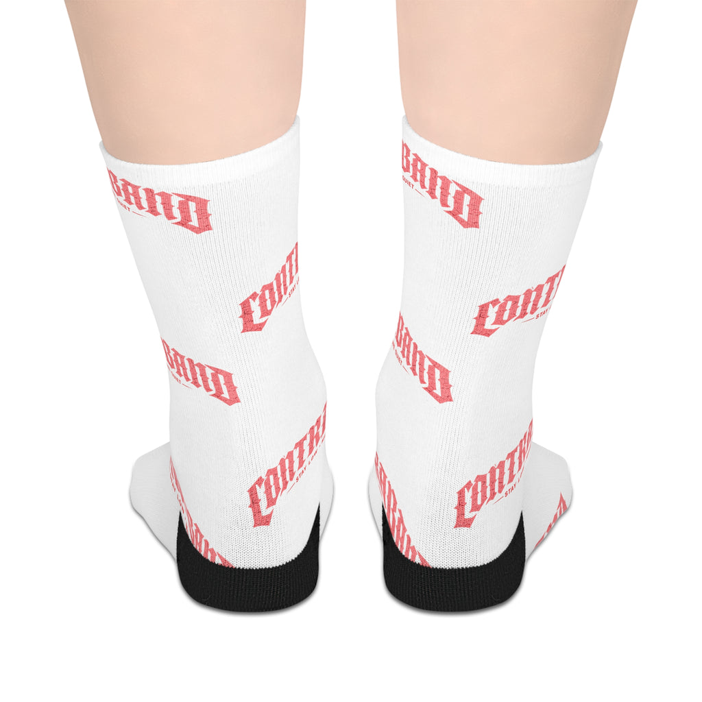 Mid-Length Socks — White Socks with Repeating 'COMFY' Pink Text Pattern