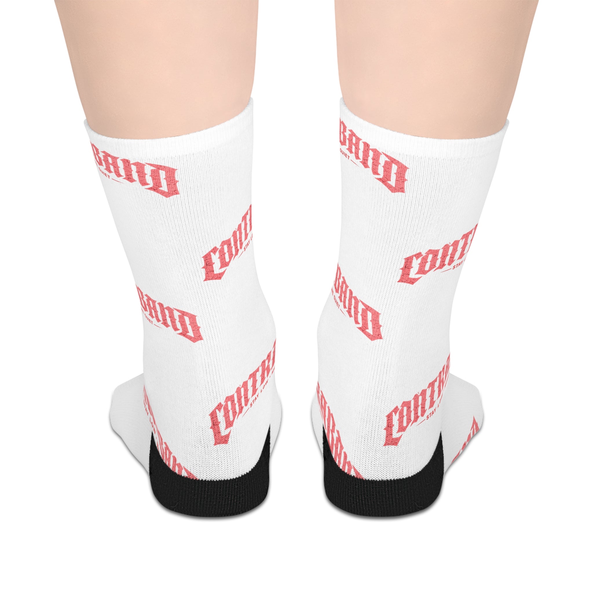 Mid-Length Socks — White Socks with Repeating 'COMFY' Pink Text Pattern
