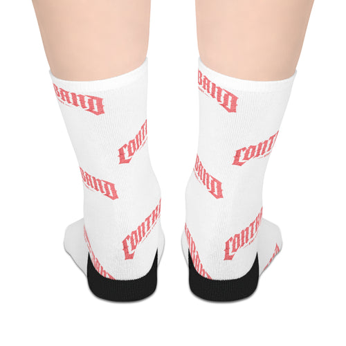 Mid-Length Socks — White Socks with Repeating 'COMFY' Pink Text Pattern