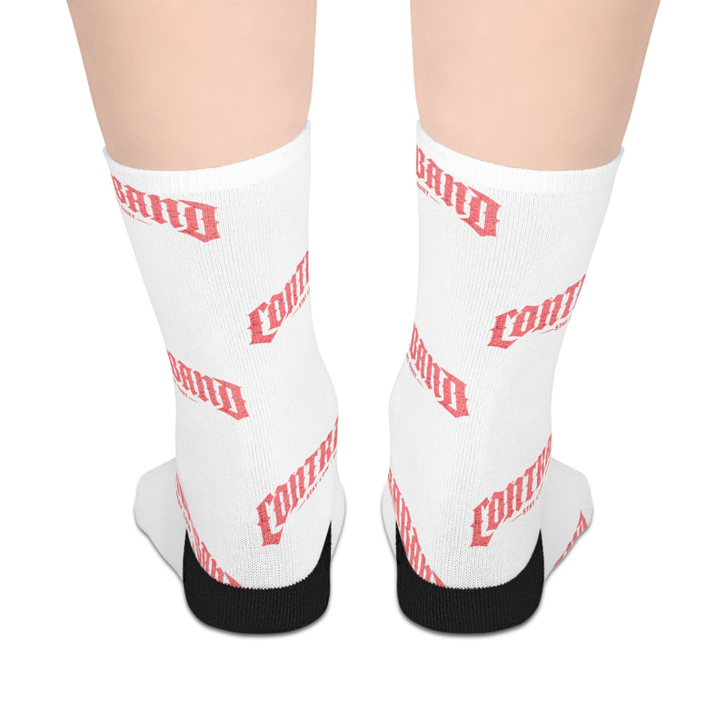 Mid-Length Socks — White Socks with Repeating 'COMFY' Pink Text Pattern