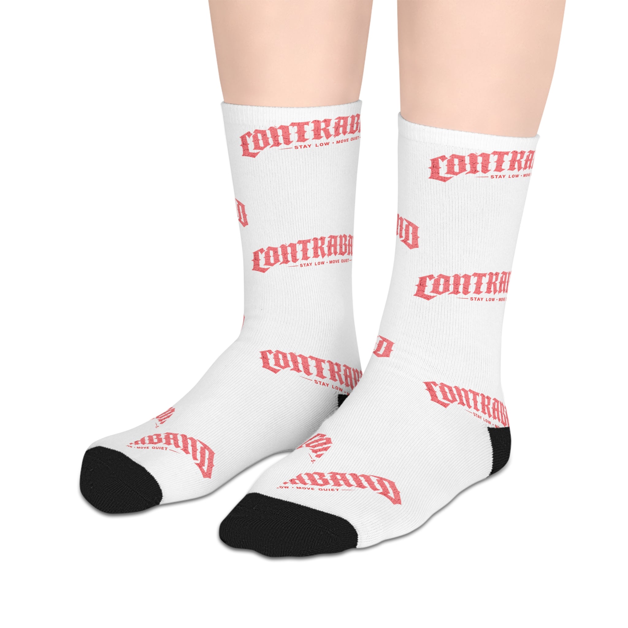 Mid-Length Socks — White Socks with Repeating 'COMFY' Pink Text Pattern